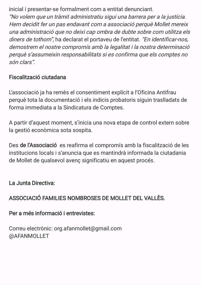 AFANMOLLET's tweet photo. COMUNICAT DE PREMSA 27/04/2026

L’ASSOCIACIÓ FAMILIES NOMBROSES DE MOLLET DEL VALLÈS EXIGEIX TRANSPARENCIA I ELEVA A LA SINDICATURA DE COMPTES LES PRESUMPTES IRREGULARITATS A L' @ajmollet

La Junta Directiva:

@AFANMOLLET

https://t.co/Gv0ElZ9snq…

#periodistes #periodisme https://t.co/peQQa6cyOo