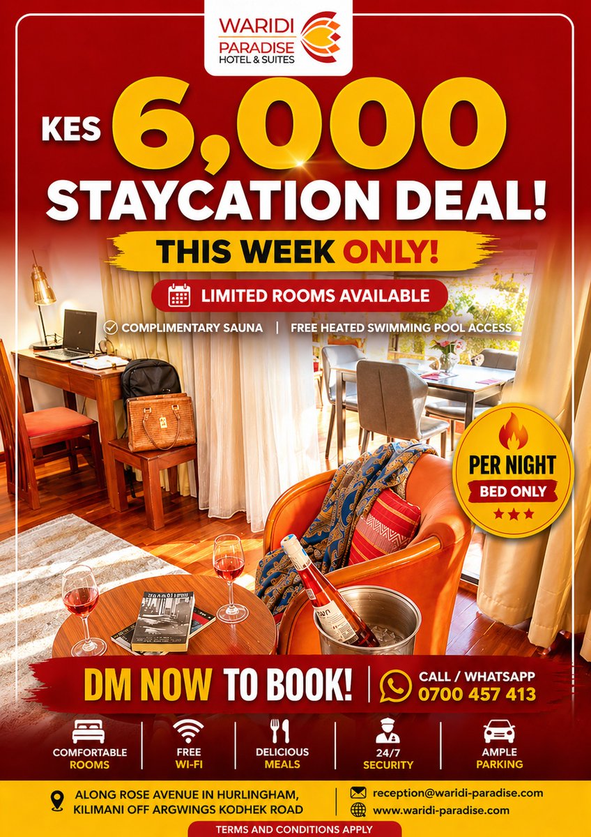 waridi_paradise's tweet image. This is your sign to book that staycation 🤩

KES 6,000 per night 🔥

⚠️This week only

Dm now before rooms fill up!

#nairobihotels #staycation#budget #booknow‼️