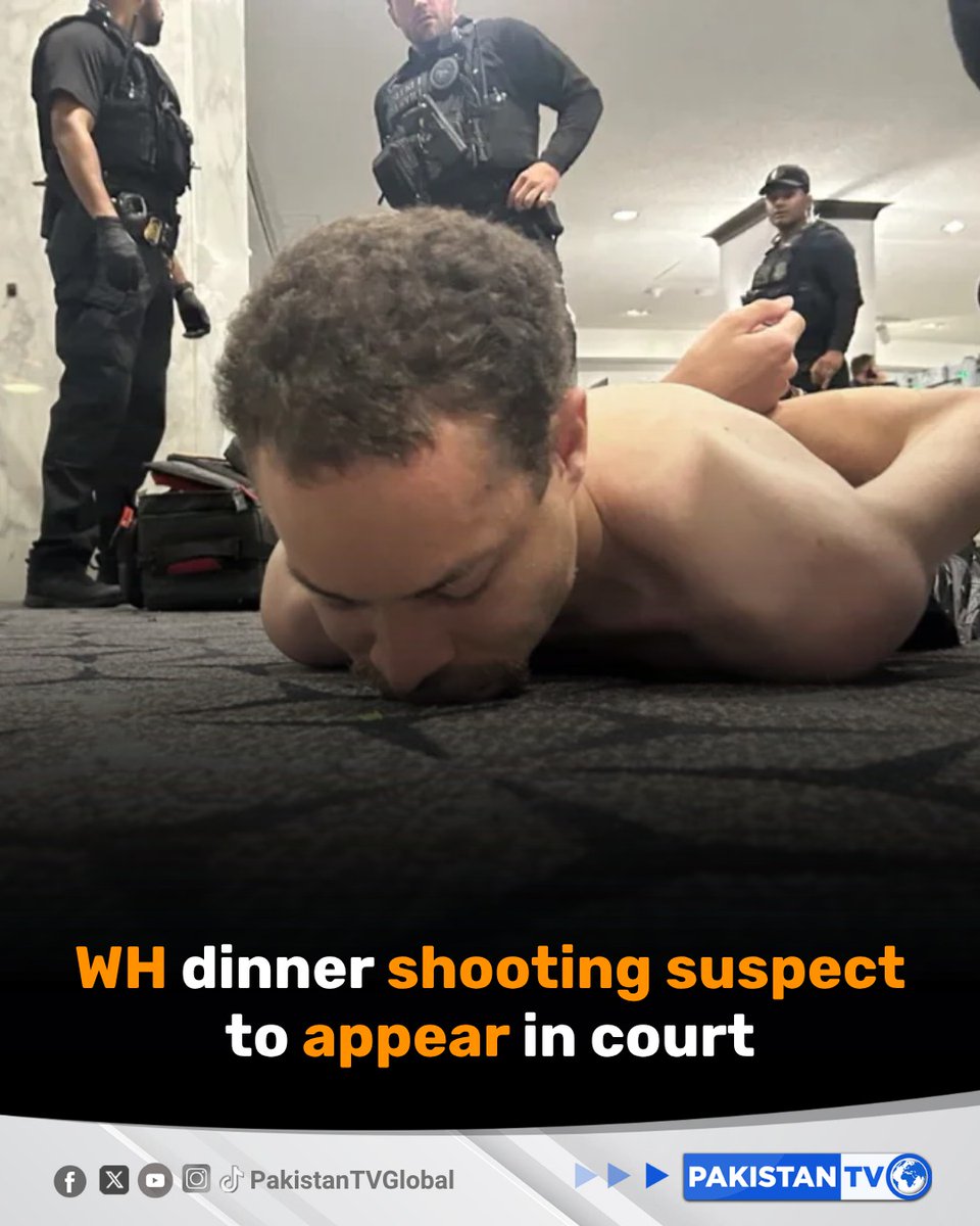 PakTVGlobal's tweet image. A California man accused of storming the White House Correspondents’ dinner in Washington DC, which was attended by President Donald Trump, is to appear in court on Monday.

#WhiteHouseCorrespondentsDinner #WashingtonDC #CourtAppearance  #SecurityIncident #PakistanTV