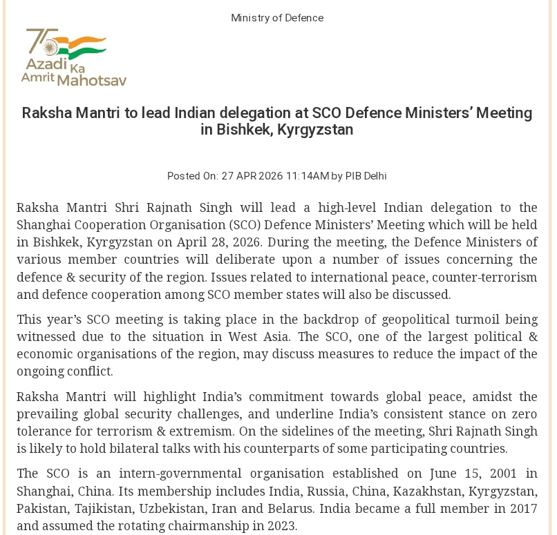NikunjInsights's tweet image. #BREAKING:India statement on Indian Defence Minister Rajnath Singh's participation at SCO defence ministers meet in Kyrgyzstan