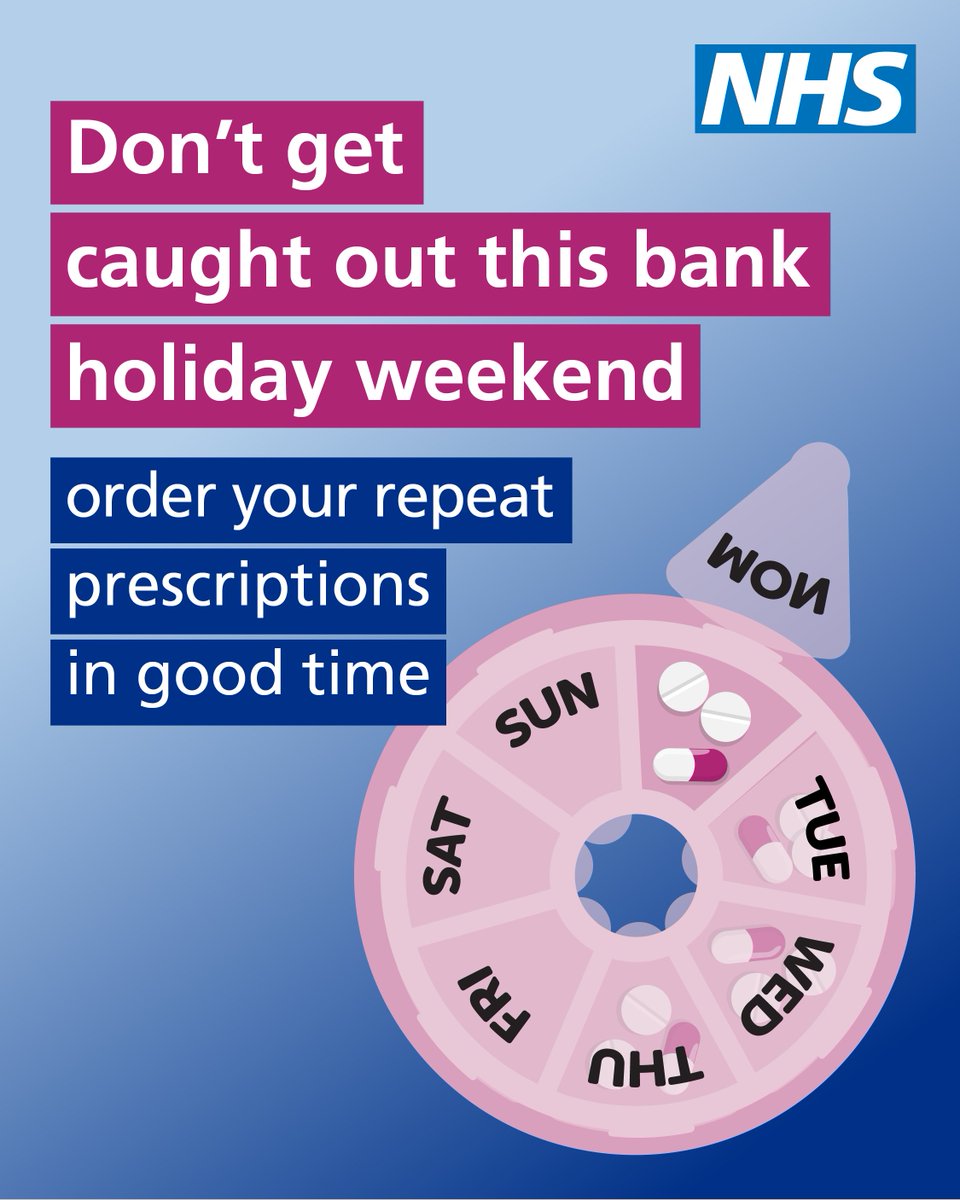 With the bank holiday approaching, make sure you order your repeat prescription in advance.  

To find out how to do this, visit nhs.uk/nhs-services/p…