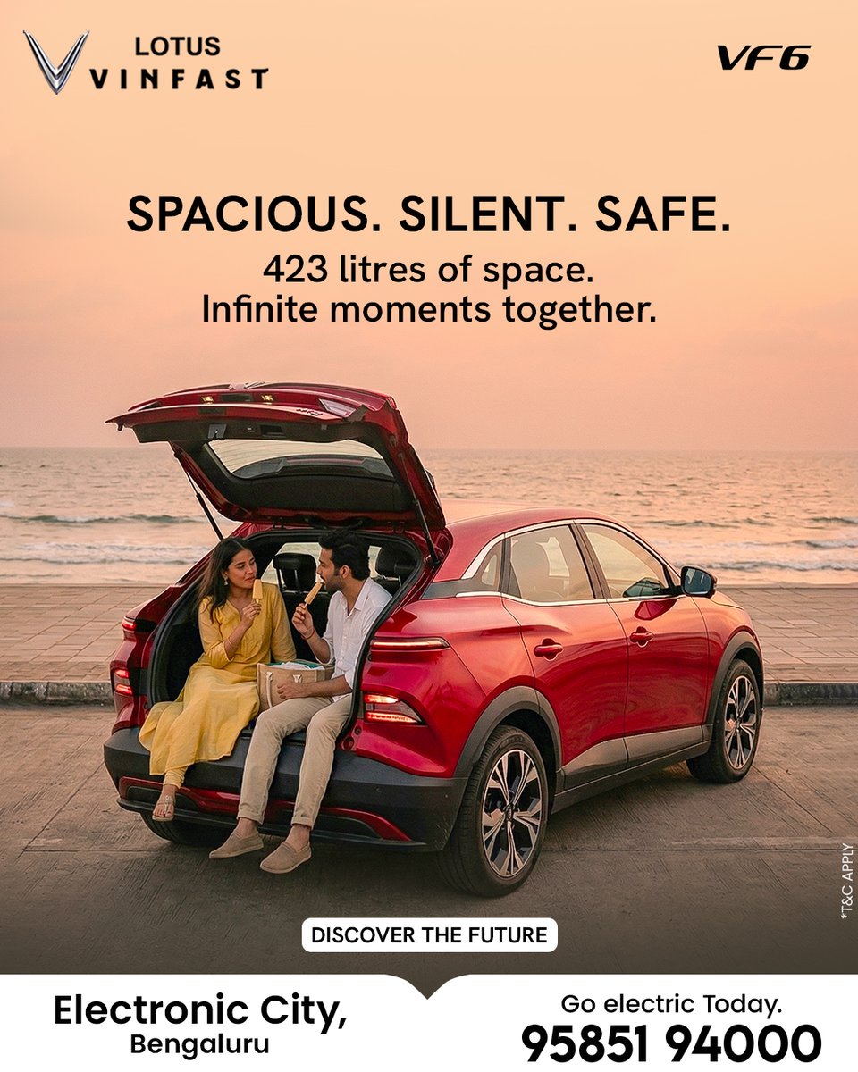 LotusVinfastblr's tweet image. Spacious. Silent. Safe.

VinFast VF6 — 423 litres of space &amp;amp; infinite moments together. 

Visit: Lotus VinFast Electronic City, Bengaluru 
Call: 95851 94000

#VinFastVF6 #GoElectric #BengaluruEV