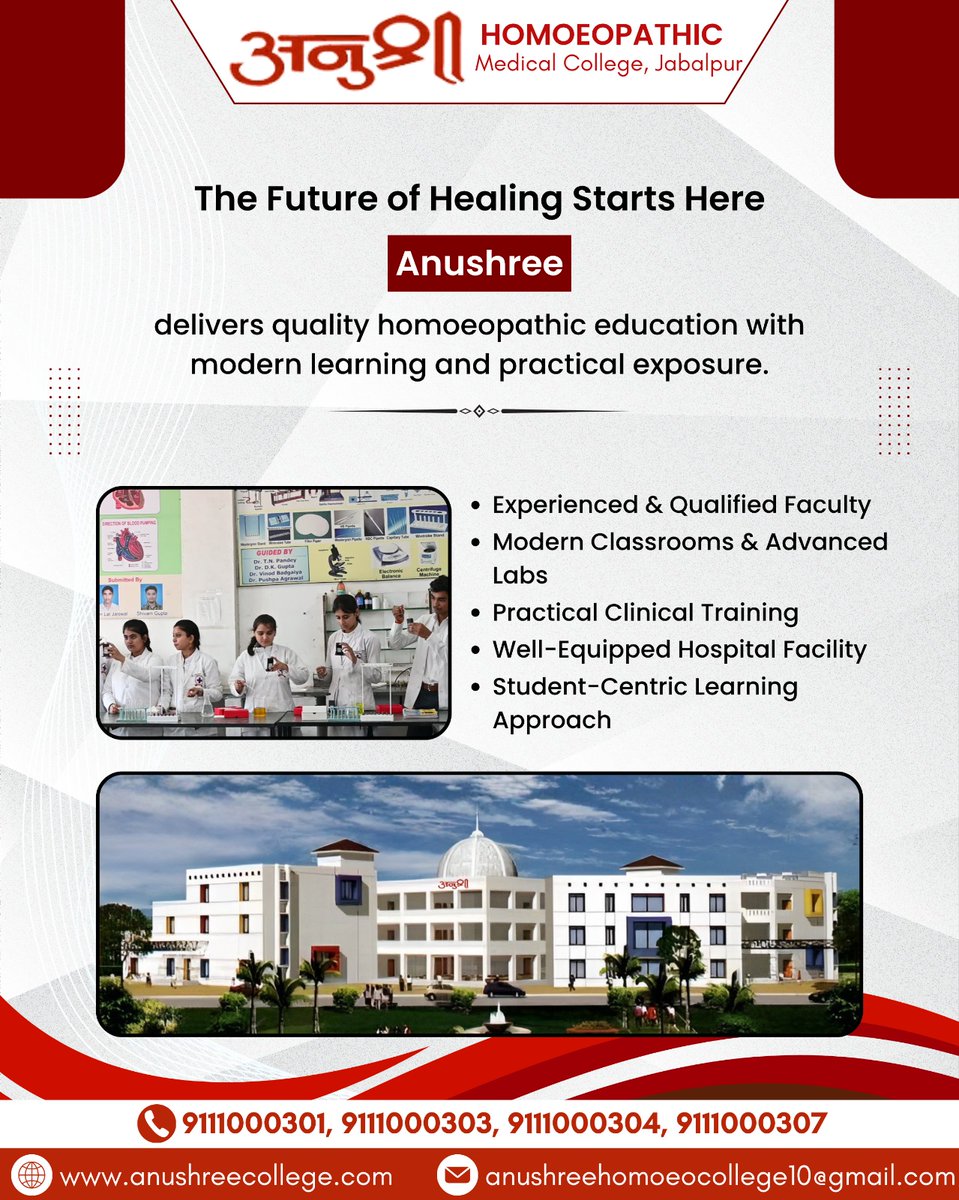 CollegeAnushree's tweet image. 🎓🌿 The Future of Healing Starts Here 🌿🎓

🌐 anushreecollege.com
✨ Start your journey towards a successful medical career today.
#AnushreeCollege #Homoeopathy #MedicalEducation #FutureDoctors #Jabalpur #StudyMedicine #CareerAfter12th