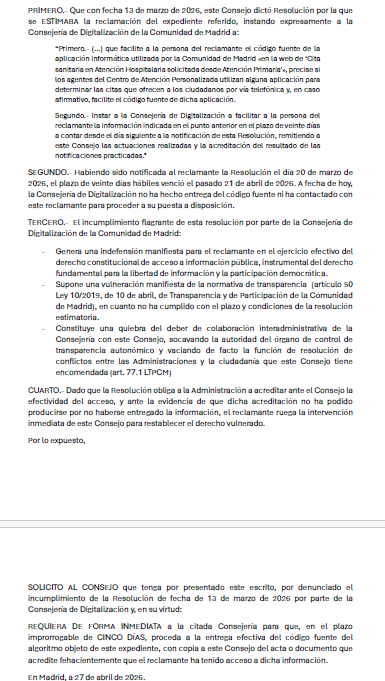 ‼️Ayuso incumple la resolución del Consejo de Transparencia que le requiere entregar el código fuente del 'algoritmo Quirón' (ofrecimiento de la libre elección) 

Ante la indefensión que supone, solicito al Consejo que vuelva a requerir el cumplimiento de la resolución