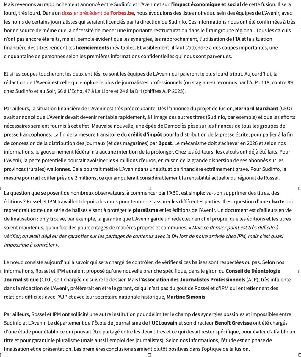 michelhenrion's tweet photo. #Presse/ Paradoxe dans la fusion #Rossel-#IPM : comment peut-on rassurer le Conseil de la Concurrence, y montrer patte blanche sur la future indépendance éditoriale pour espérer son feu vert, et, parallèlement dresser des « Listes Noires » de #journalistes à licencier? /
Est-ce parce que  l’ancien rédacteur en chef de Sud Info a été lui-même viré illico presto par Rossel à l’été 2024?  Et qu’il y a d’évidence maintenu des contacts « à très bonne source » qu’il exploite régulièrement ? En tout cas nouvel article édifiant de Demetrio Scagliola (aujourd’hui principalement reconverti mercenaire pour le webzine 21News financé par Vincent #Bolloré)  dans le lifemagazine #Forbes Belgique sur la fusion Rossel-IPM. 
Pour la 3ème fois, Forbes y affirme et maintient qu’existent, surtout à @lavenir_net ,  des  #ListesNoires contenant des noms de journalistes visés pour leur #proximité avec des structures s#yndicales ou l’Association des Journalistes professionnels.
Extraits de l’article de #Forbes (version intégrale à lire dans le mag’ lifestyle économique) #PresseFrancophone #LeMonopole