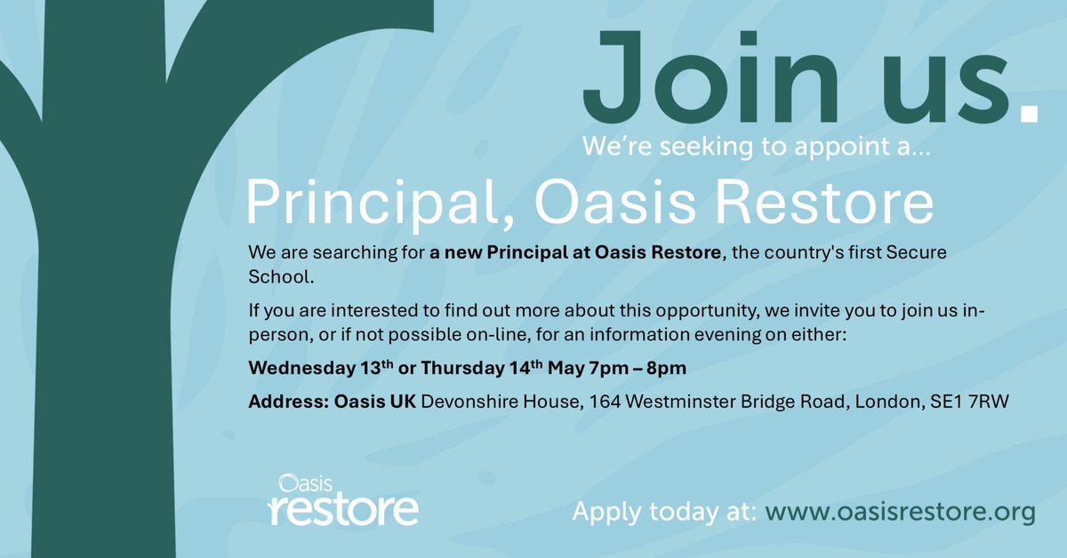 SteveChalke's tweet photo. Oasis Restore, the first Secure School is a new model of care for 12-18 yr-olds in custody for violent crime; enabling them to come to terms with their behaviour &amp; to live different future lives. We’re looking for a new Principal. Interested? Register here https://t.co/5kXIJGWGEY https://t.co/NAqmKGRpI8