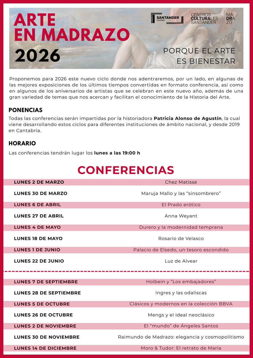 ▶️Lunes 27 abril◀️
Arte en Madrazo: sesión dedicada a Anna Weyant
Horario: 19:00h
Dentro de: Arte en Madrazo: programa de conferencias 2026
Lugar: Centro Cultural Doctor Madrazo
Organiza: Centro Cultural Doctor Madrazo