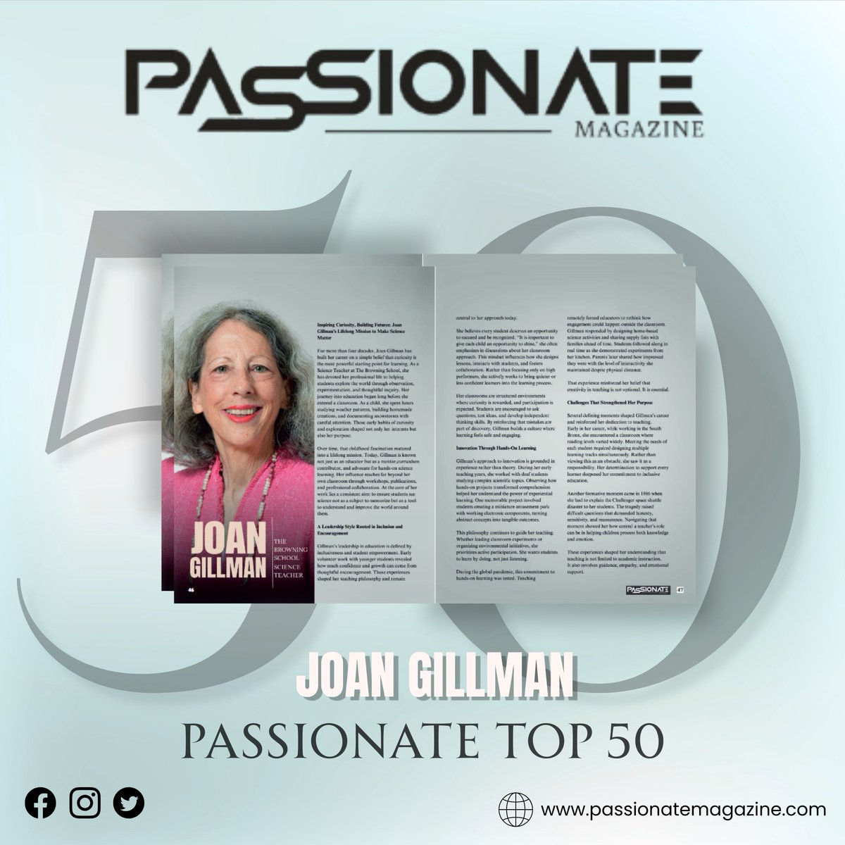 passionate_mag's tweet photo. Joan Gillman, Science Teacher at The Browning School, featured by Passionate Magazine in the Passionate Top 50—recognized for impact in STEM education and student-centered learning.
Read: https://t.co/Zs1TAe0l5r #Top50 
#STEMEducation #Leadership https://t.co/t2a3MDXUC3