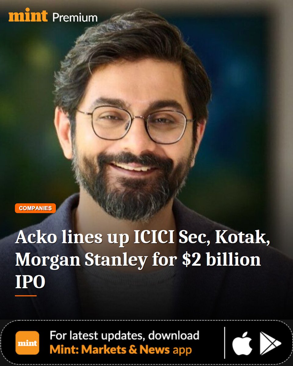 PremiumByMint's tweet image. Bengaluru-based insurtech Acko has appointed ICICI Securities, Kotak Mahindra Capital and Morgan Stanley for an IPO that could value it at up to $2 billion.

livemint.com/companies/star…

#Livemint #AckoIPO #Insurtech #UnicornIPO #MintPremium #BusinessNews