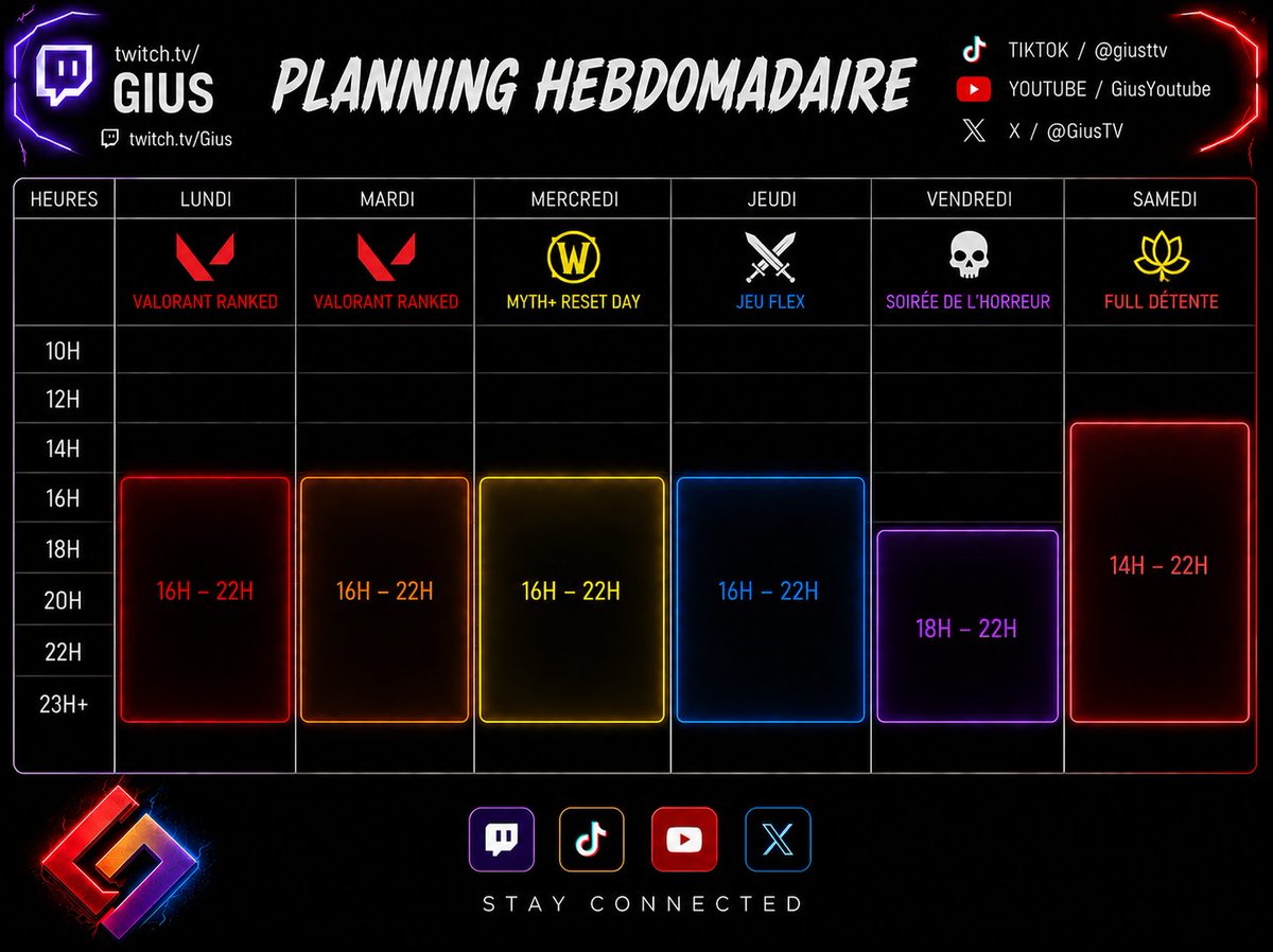 GiusTV's tweet photo. Salut à tous !

Comme promis, voici le nouveau planning pour la suite de 2026 🔥

Au programme :
- Un fil rouge sur VALORANT
- Du WoW avec la commu 🧙‍♂️
- Des découvertes..
- Et bien sûr… de l’HORREUR 😈

Et ce n’est pas fini !
- SPORT et MAQUETTES arrivent très bientôt 🤞

📅 Début de la programmation : aujourd’hui à 16h !
Hâte de vous retrouver en live 💬