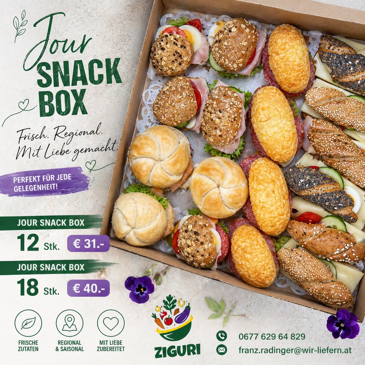 Ziguri_'s tweet image. 🌿 ZIGURI Jour Snack Box 🌿

Ob Meeting, Feier oder einfach zum Genießen – unsere Jour Snack Box ist immer die perfekte Wahl 😍

Unsere Boxen:
👉 12 Stück – € 31,-
👉 18 Stück – € 40,-

📞 0677 629 64 829
📧 franz.radinger@wir-liefern.at
#Ziguri #Catering #SnackBox #JourGebäck