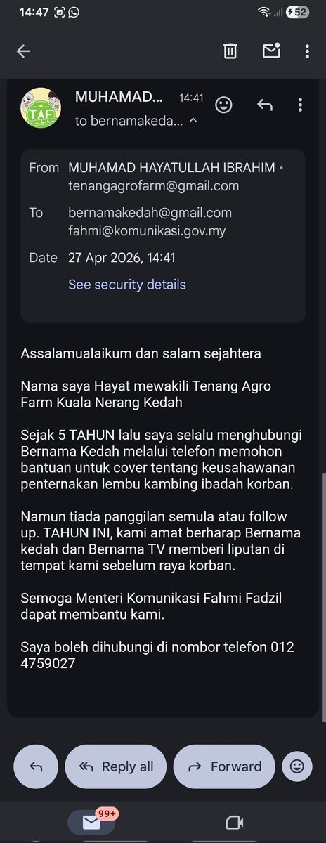 TenangAgroFarm's tweet photo. @fahmi_fadzil @komunikasi_gov @bernamadotcom @LembahPantai121 Mohon Yb @fahmi_fadzil dapat bantu penternak macam kami ya. 
Kerjasama yb amat kami hargai. https://t.co/n8AV8rO6Pg