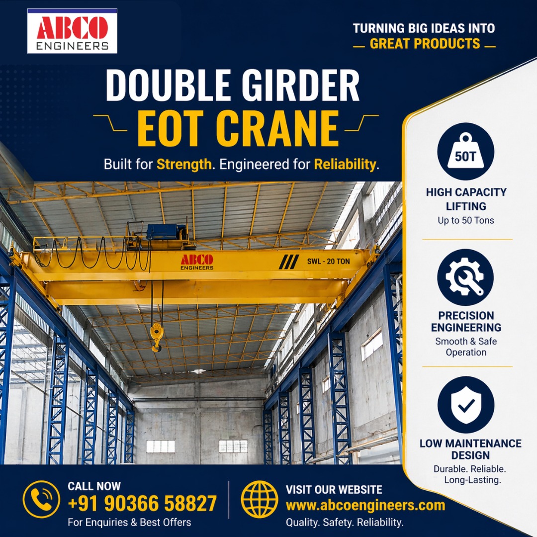 ABCOEngineer's tweet photo. The Double Girder EOT Crane from ABCO Engineers is designed to handle demanding industrial operations with precision, safety, and long-term reliability. 

📞 Call Now: +91 90366 58827
🌐 Visit: https://t.co/zk6BSb7jLH

#EOTCrane #DoubleGirderCrane #MaterialHandling https://t.co/dlEsYkrwGP