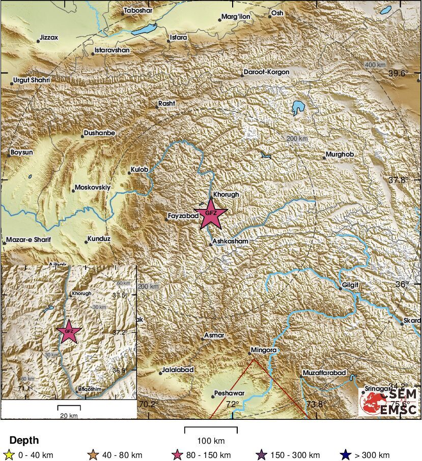 LastQuake's tweet image. #Earthquake (#землетрясение, #زلزله) confirmed by seismic data.⚠Preliminary info: M5.4 || 32 km S of #Khorugh (#Tajikistan) || 8 min ago (local time 11:46:06). Follow the thread for the updates👇