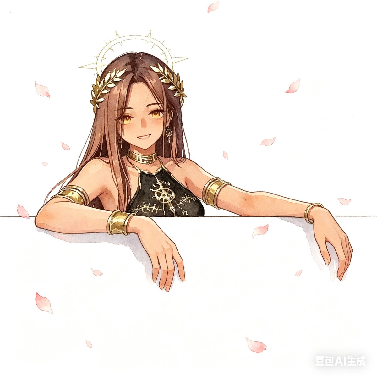 chen_mo_ai's tweet photo. 1:1正方形构图，图中人物探出上半身，其余被遮挡，一只手臂撑在细细的横线上，另一只手臂自然垂落，两只手一高一低，人物靠左不要太大，慵懒的姿态，横线位置在画面下半部分三分之一处(横线以下留白��净）。背景为纯白色，点缀些许飘落的粉色花瓣，线条干净，平涂+柔和渐变上色，清新治愈的水彩质感。 https://t.co/U8LXkm1VDv