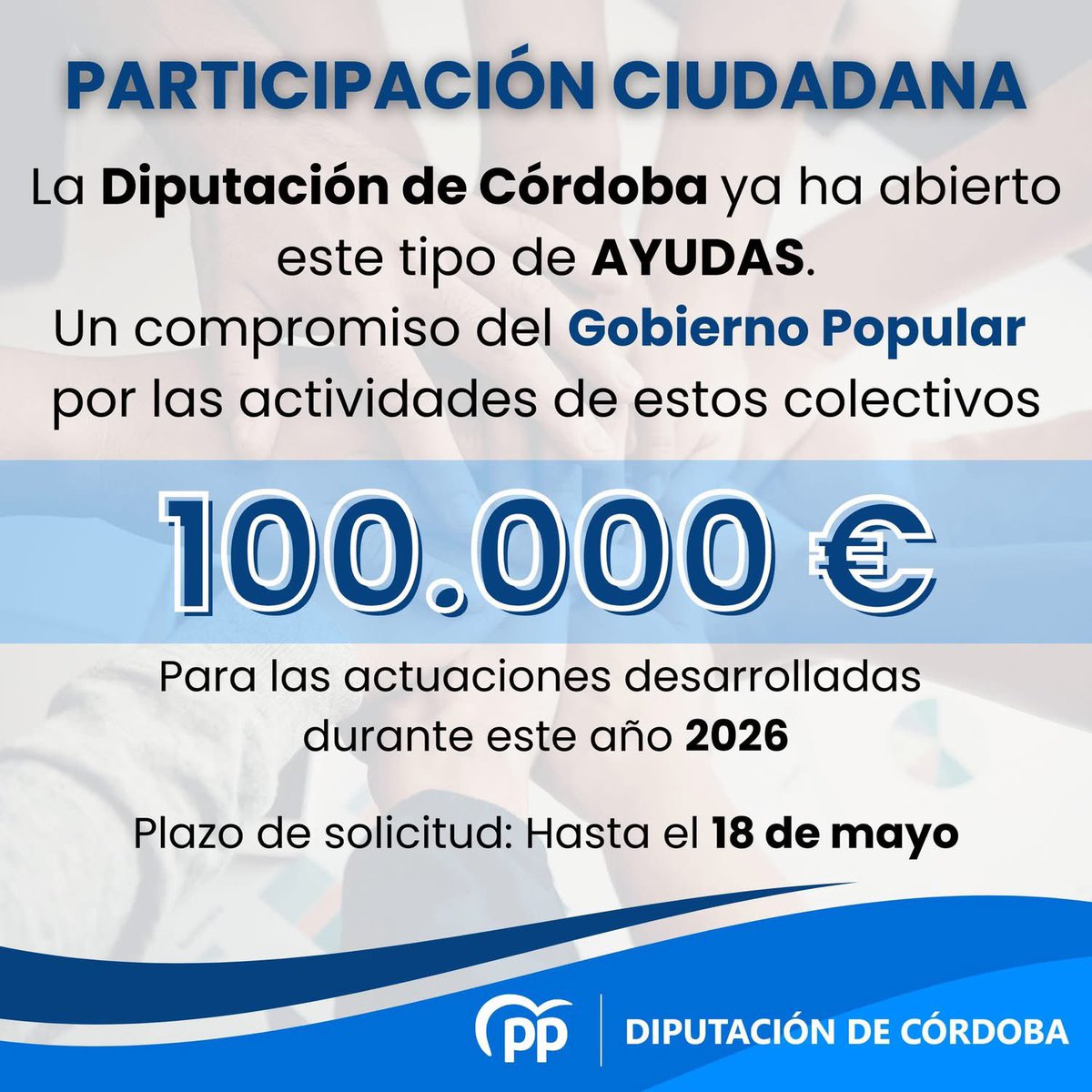 PPdipucordoba's tweet photo. 🥳El Gobierno del Partido Popular en la Diputación saca estas ayudas enfocadas a potenciar el Asociacionismo y la participación en la provincia de Córdoba.

💶 Con una cuantía máxima de 2.000 €
📅 Hasta el 18 de Mayo para presentarse

📝 Toda la info: https://t.co/sqevMJ0bDr https://t.co/VVSQBSEfL8