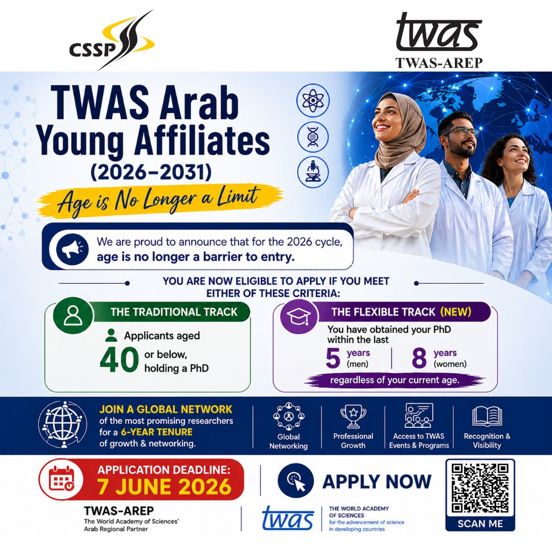 TWASAREP's tweet photo. انضم إلى نخبة شباب علماء العالم العربي!
 ⏰آخر موعد للتقديم: 7 يونيو 2026
 ✍️كن الزميل القادم وقدم الآن
https://t.co/AtrgdDYDJP https://t.co/NsjiuaujZt