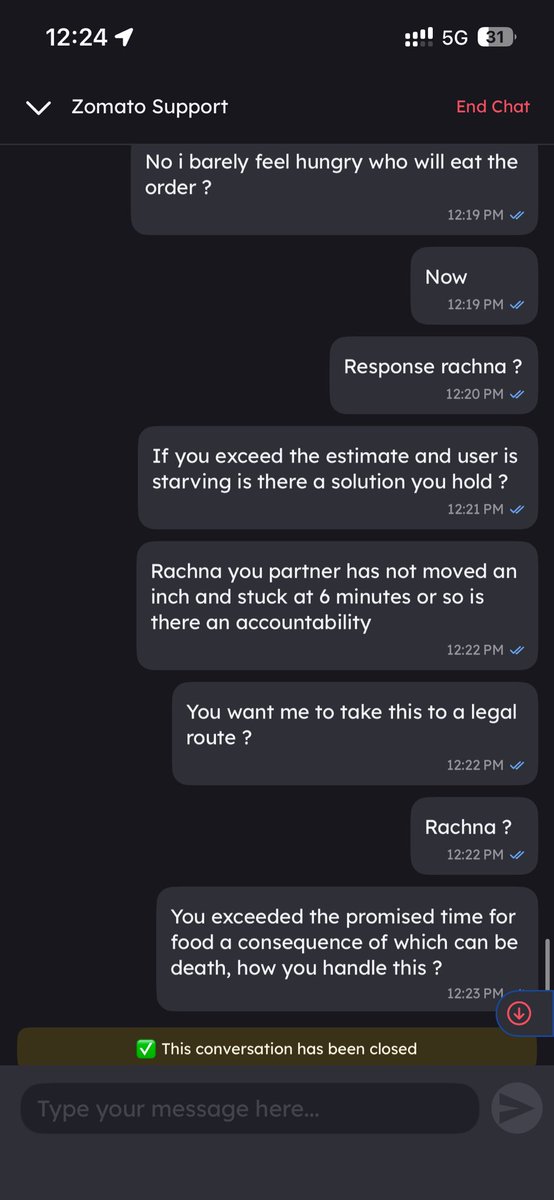 SpectatorIndian's tweet photo. @zomato @zomatocare @deepigoyal before putting something on your head, why dont you and your people at customer service learn some empathy ? #zomato rachna left the chat 😒 https://t.co/2lgaOCBU8B