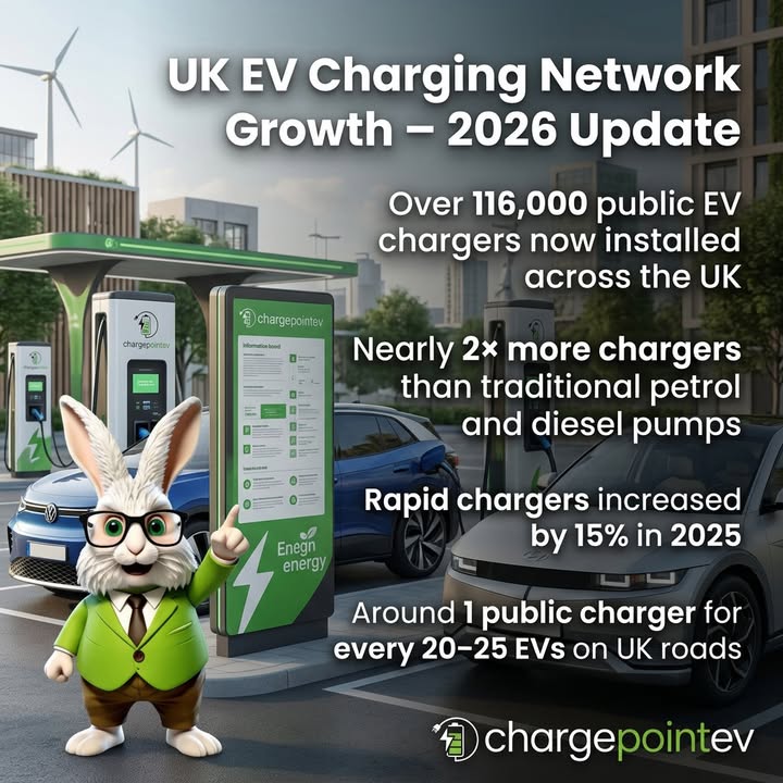 chargepoint_ev's tweet photo. ⚡ The UK EV charging network is booming:

• 116,000+ public chargers
• Nearly 2× more than petrol pumps
• Rapid chargers up 15% in 2025
• ~1 charger per 20–25 EVs

Powering the UK’s electric future.

https://t.co/0qZhtKrKXv | 01159 209210

#EVCharging #EVUK #ChargeAtHome https://t.co/XwMCaFKDSv
