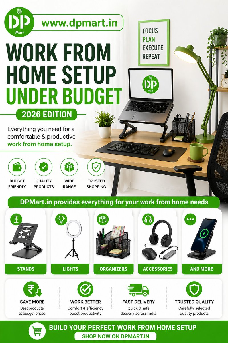 DPMart1404's tweet image. Build a smart work from home setup in 2026 without overspending. Budget laptop, ergonomic chair, simple desk, good lighting, free apps. #WorkFromHome #HomeOffice #BudgetSetup #RemoteWork #WFH2026