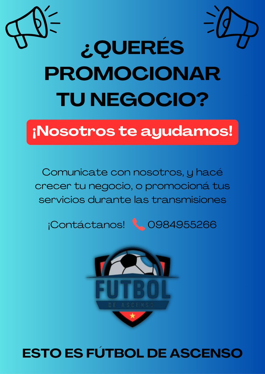 ¿Querés promocionar tu negocio? ¡Nosotros te ayudamos!
📞 Comunicate al 0984955266 y hacé crecer tu negocio, o promocioná tus servicios durante las transmisiones.
"Si el Fútbol es ciencia, nosotros lo estudiamos. Esto es, Fútbol de Ascenso".