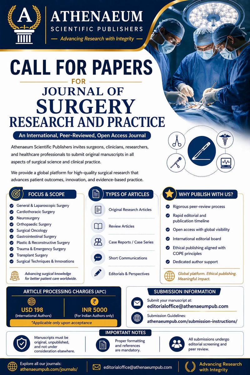 JournalofSurge3's tweet photo. 📢Call for Papers | Journal of Surgery Research and Practice

Innovative surgical research drives better patient outcomes.
📩 Submit your manuscript today: https://t.co/cMrCWSiTLb

#Surgery #SurgicalResearch #CallForPapers #MedicalResearch #AcademicPublishing #OpenAccess https://t.co/K2RxFrzA5p