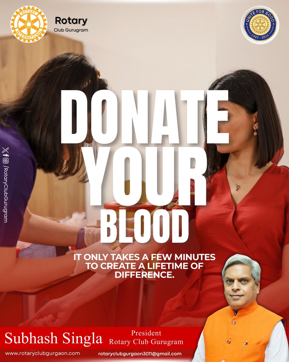 RotaryClubGgn's tweet image. Under the campaign United for Good, Rotary Club Gurugram calls upon every compassionate citizen to step forward and donate blood—because a few minutes of your time can gift someone a lifetime.

Be the reason someone gets a second chance at life.

Be United. Be Good. Donate Blood.
