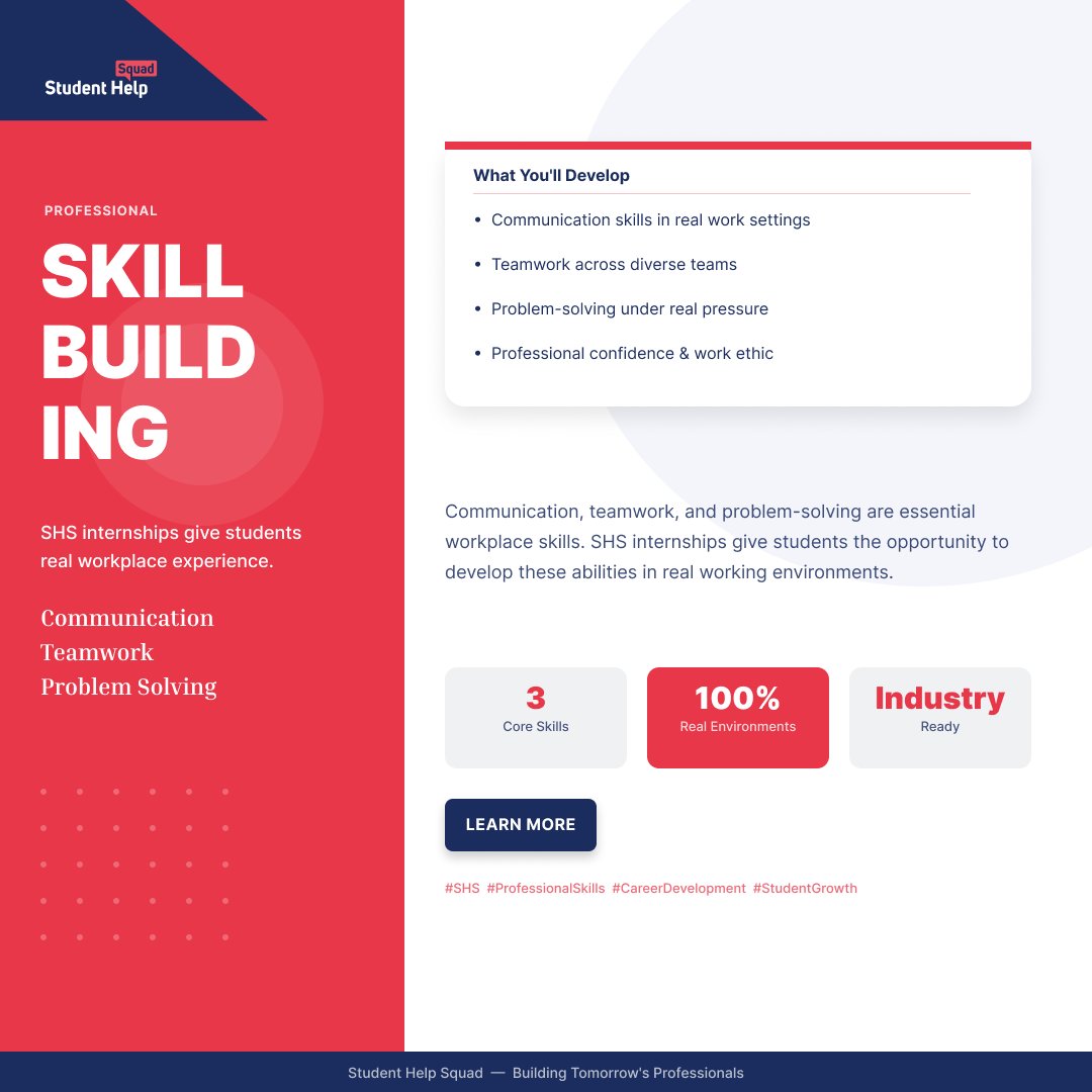StudentHelpSq's tweet image. Internships through Student Help Squad help students develop essential professional skills. These experiences prepare students for the modern workforce

#StudentHelpSquad #ProfessionalSkills #CareerDevelopment #StudentGrowth