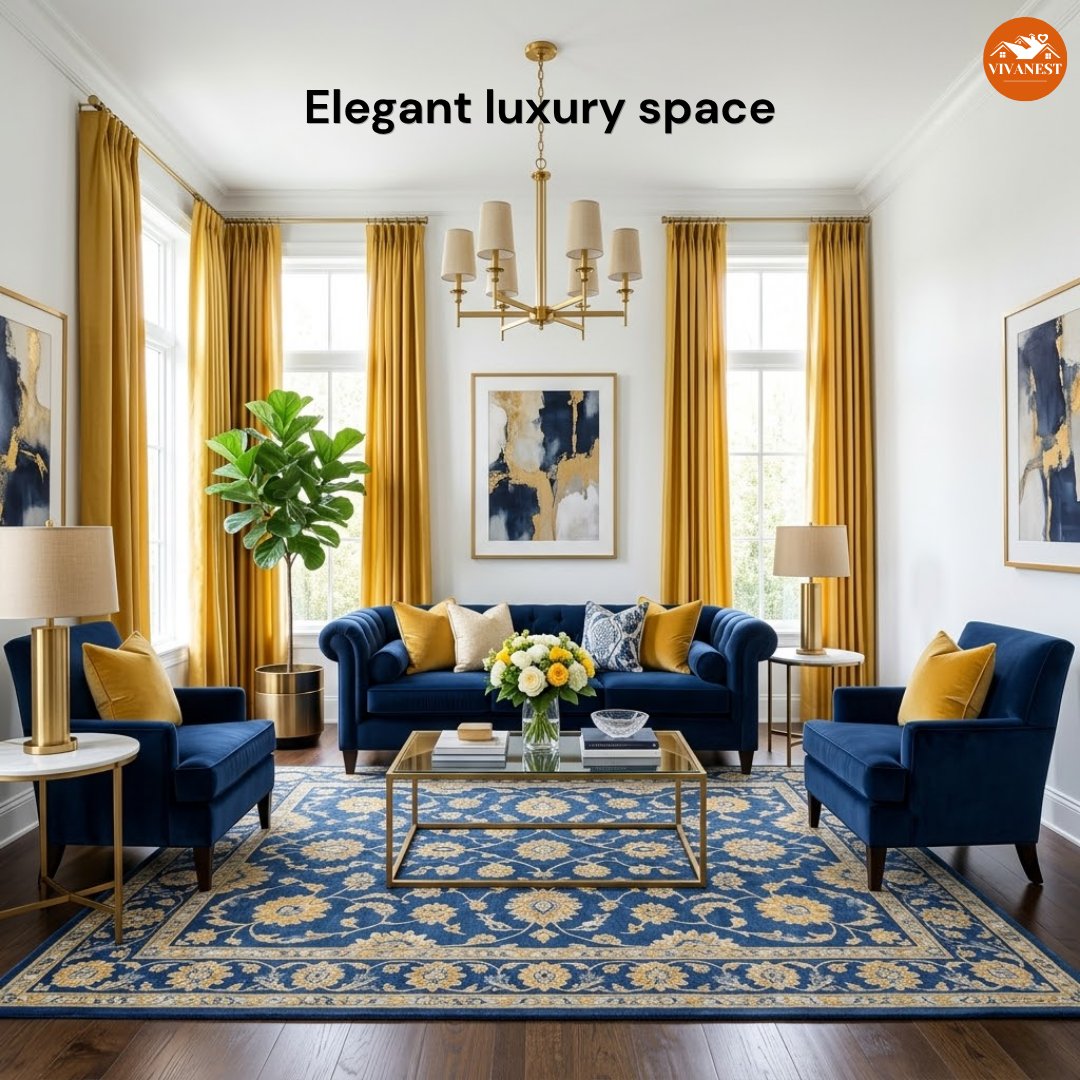 vivanest_home's tweet image. There is something undeniably magnetic about the pairing of deep navy and golden mustard. From the velvet textures to the brushed brass accents, this space is designed for those who appreciate a room that feels both curated and comfortable. 🏠💎

#LuxuryInteriors #LivingRoomGoals