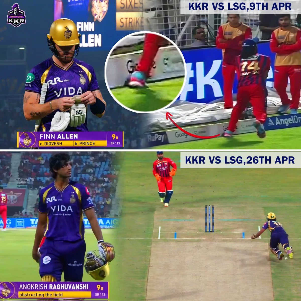 sayan18_medico's tweet photo. April 9: "Was that clean?" April 26: "Was that obstruction?" Both still unanswered. #CheatingAgainstKKR https://t.co/Wfe09UJ2j3