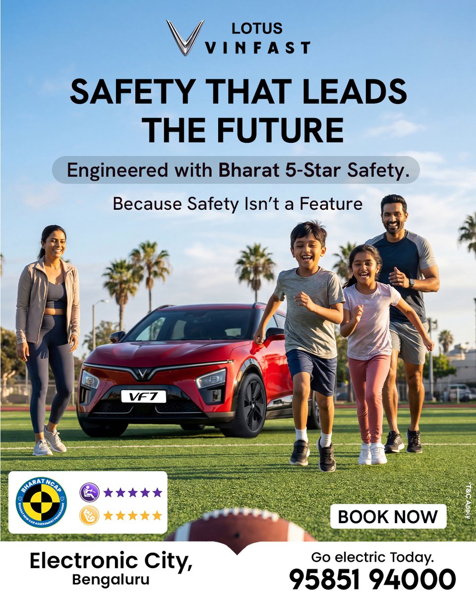 LotusVinfastblr's tweet image. Safety isn't a feature. It's everything.

VinFast VF7 — Bharat 5-Star NCAP Safety Rating, 
100% Electric | Built for your family .

Visit: Lotus VinFast Electronic City, Bengaluru 
Call: 95851 94000.

Book Now!

#VinFastVF7 #BharatNCAP #GoElectric #BengaluruEV