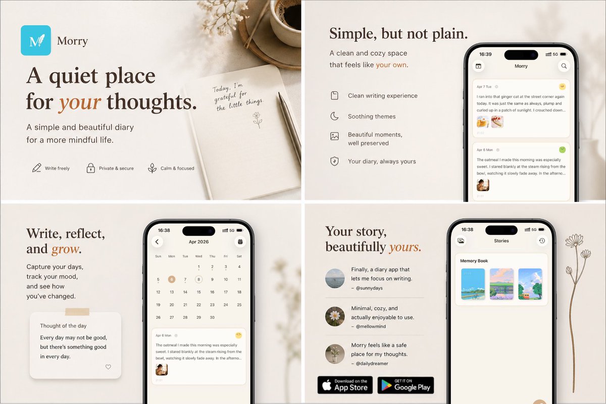 solvingquietly's tweet image. I couldn’t find a diary app that felt right.

So I made one.
Morry — simple, private, and calm.

👉Available on App Store &amp;amp; Google Play.
#journaling #writing #selfreflection #mindful
