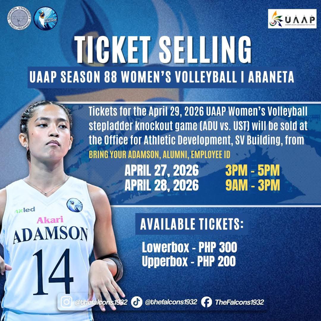 [repost]
𝐆𝐄𝐓 𝐘𝐎𝐔𝐑 𝐓𝐈𝐂𝐊𝐄𝐓𝐒 𝐍𝐎𝐖!
Tickets for the AdU vs UST game are now available! 

OAD, SV Building
Apr 27 | 3PM - 5PM
Apr 28 | 9AM - 3PM

Ticket Prices:
LB - P300
UP - P200

Please bring your AdU ID, Alumni ID, or Employee ID

©️: The Falcons1932
#UAAPSeason88