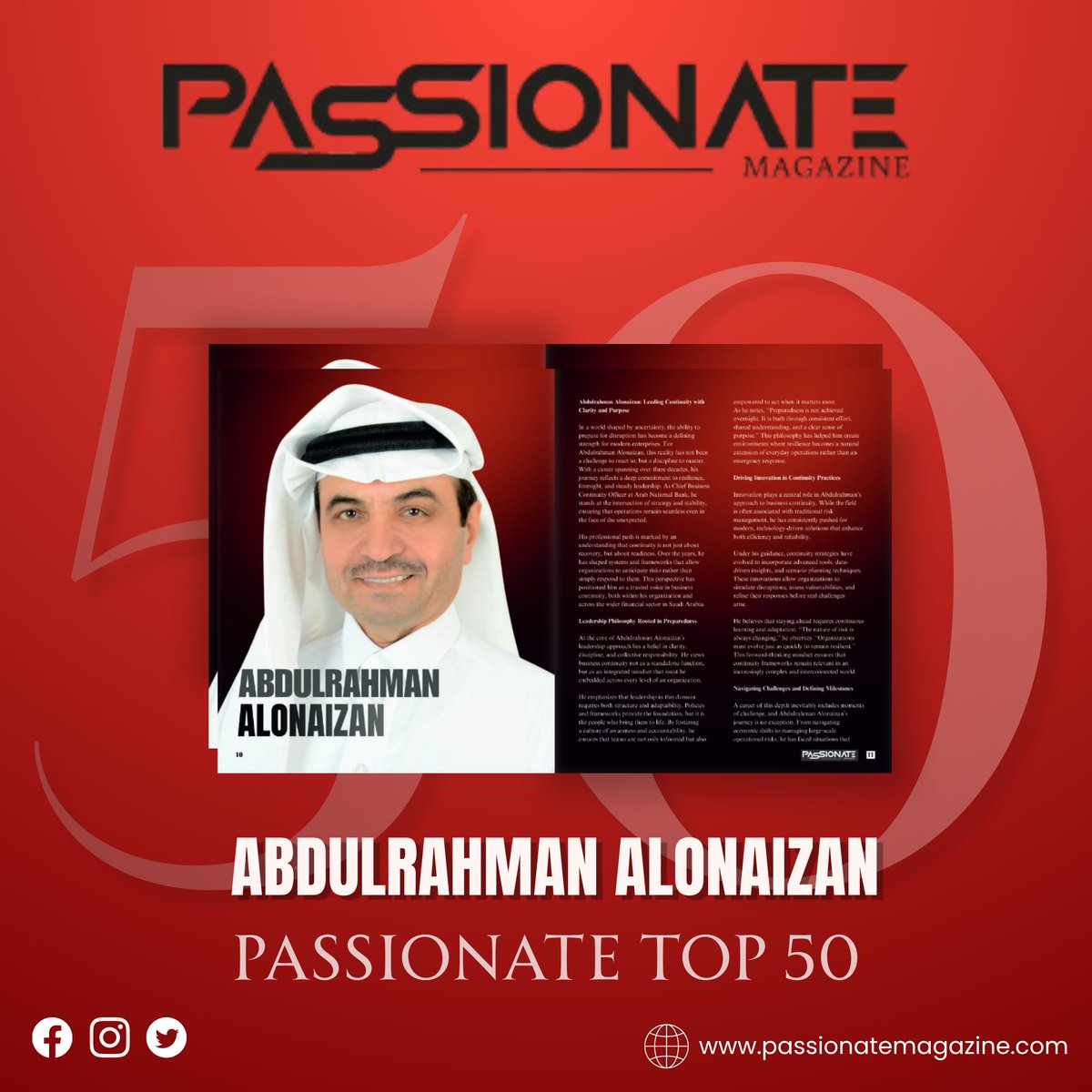 passionate_mag's tweet photo. Abdulrahman Alonaizan featured by Passionate Magazine in the Passionate Top 50—recognized for leadership in business continuity, risk management, and organizational resilience.

Read: https://t.co/ZzlGloQCah

#PassionateMagazine #Top50 #Leadership #RiskManagement https://t.co/JNPi2xNRAX