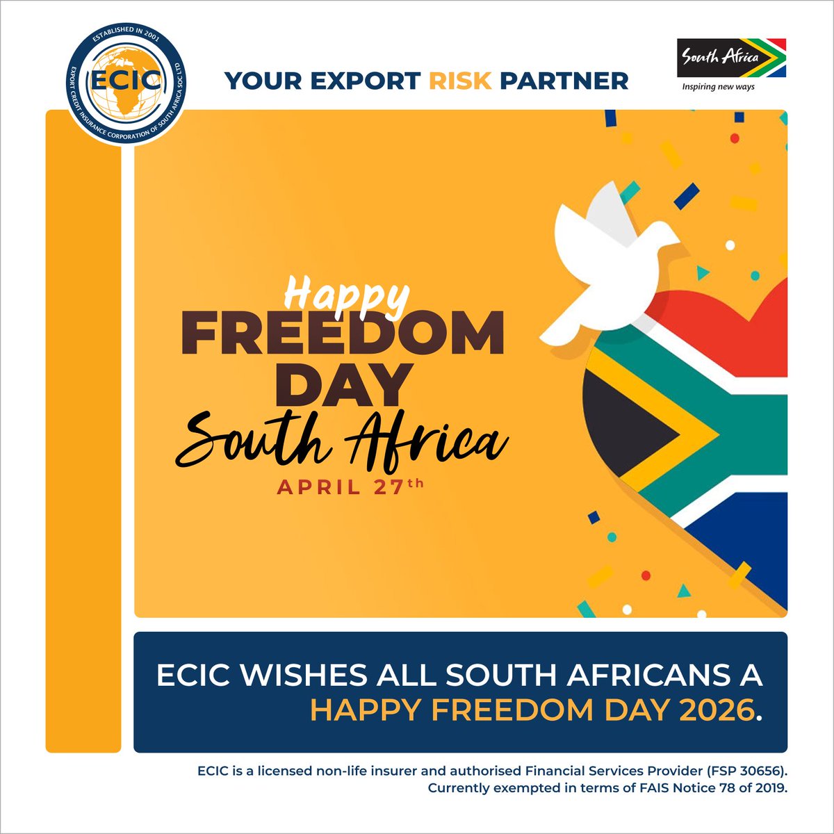ECICSA's tweet photo. On 27 April, South Africans celebrate Freedom Day, an annual commemoration of a defining moment in our nation’s history — the the day in 1994, when all South Africans, despite race, freely participated in the country’s first democratic elections. It is a reminder of how far we have come, and the responsibility we carry to continue building a united and inclusive society. 

As a Corporation, ECIC strives to embody the true meaning of Freedom Day, by embracing the spirit of unity and shared purpose in our work, our relationships, and our contribution to the broader South African economy. This Freedom Day, as a Corporation, we reflect on how far we have come as a country, but also reaffirm our commitment to fostering inclusivity, respect, within ECIC and beyond. We wish all South Africans a Happy Freedom Day 2026!

#ECIC #FreedomDay #SouthAfrica #SouthAfricanFreedomDay #inclusivity #equalityforall