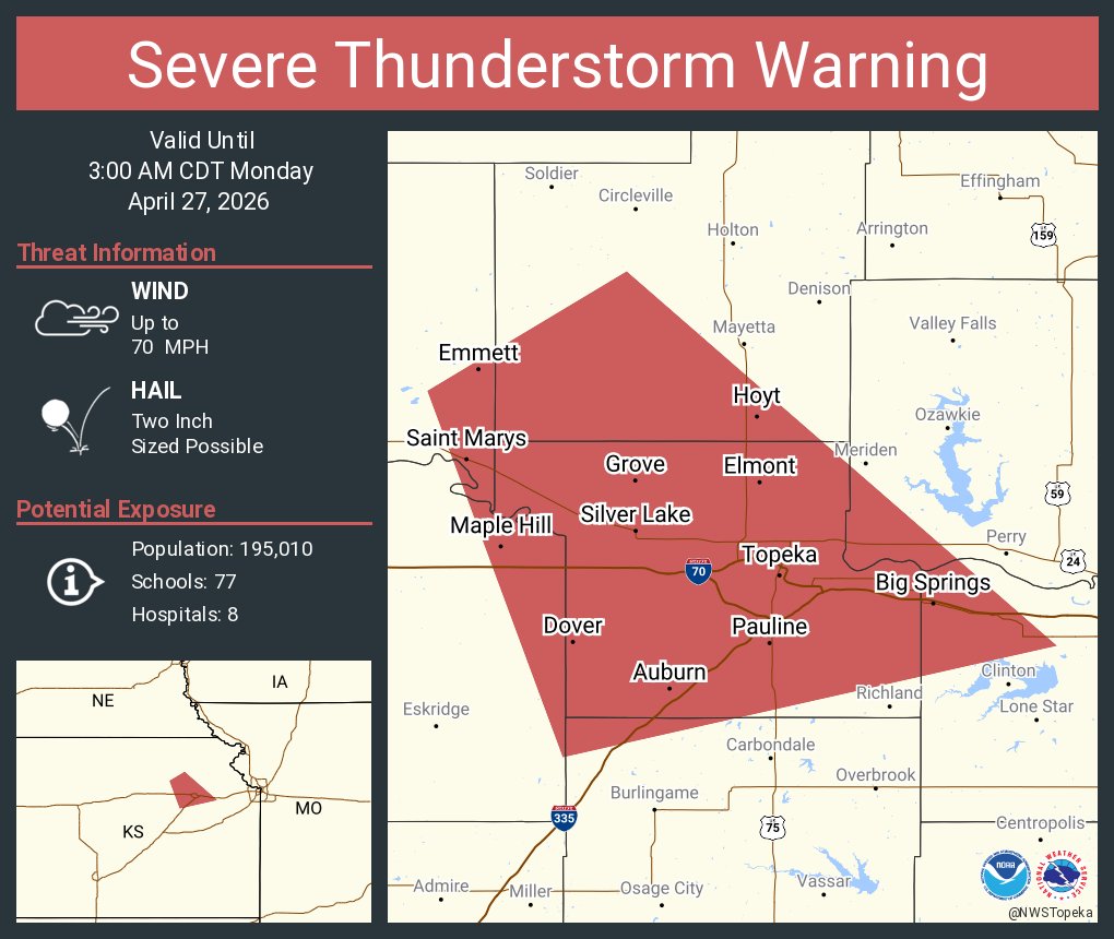 NWSTopeka's tweet photo. Severe Thunderstorm Warning including Topeka KS, Saint Marys KS and  Silver Lake KS until 3:00 AM CDT. This storm will contain wind gusts to 70 MPH and two inch sized hail! https://t.co/ufKMbfHjh8