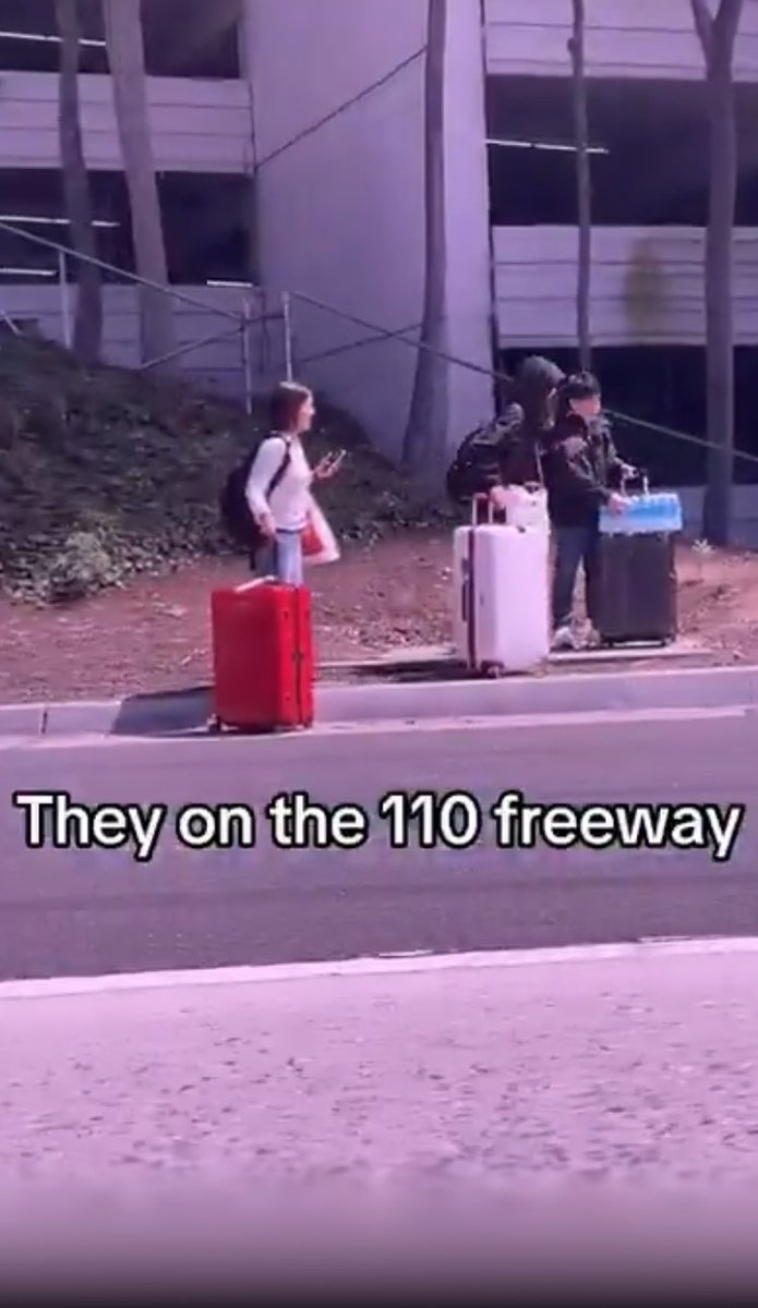 MaziEzike_Nedu's tweet image. 🚨 Only in LA: Tourists were spotted stranded in the middle of the 110 Freeway today, standing on the shoulder with their luggage as cars sped past at 70+ mph. 

What Happened:

•The Scene: Multiple people were seen near the downtown LA exits, seemingly left behind or dropped
