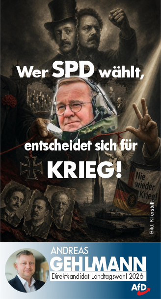 afdgehlmann's tweet photo. Wer SPD wählt, entscheidet sich für Krieg.
Deutschland rüstet massiv auf. Pistorius: stärkste Armee Europas, „Kriegstüchtigkeit“ statt Verteidigung.
Historisch kein Einzelfall: 1914, 1933, 1980er, 1999. Für mich gilt daher: Wer SPD wählt, wählt Aufrüstung. https://t.co/npwvkET4IC