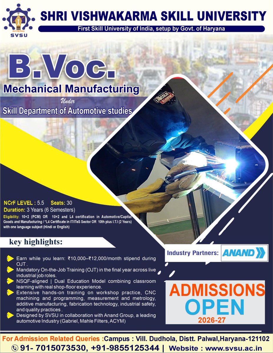 svsuindia's tweet image. Why just get a degree when you can get a career? Our B.Voc in Mechanical Manufacturing is designed to bridge the gap between academia and the manufacturing industry.
#SVSUAdmissions #MechanicalManufacturing #SkillDevelopment #Haryanatourism #NewAgeCareers #BVocDegree #SVSU2026