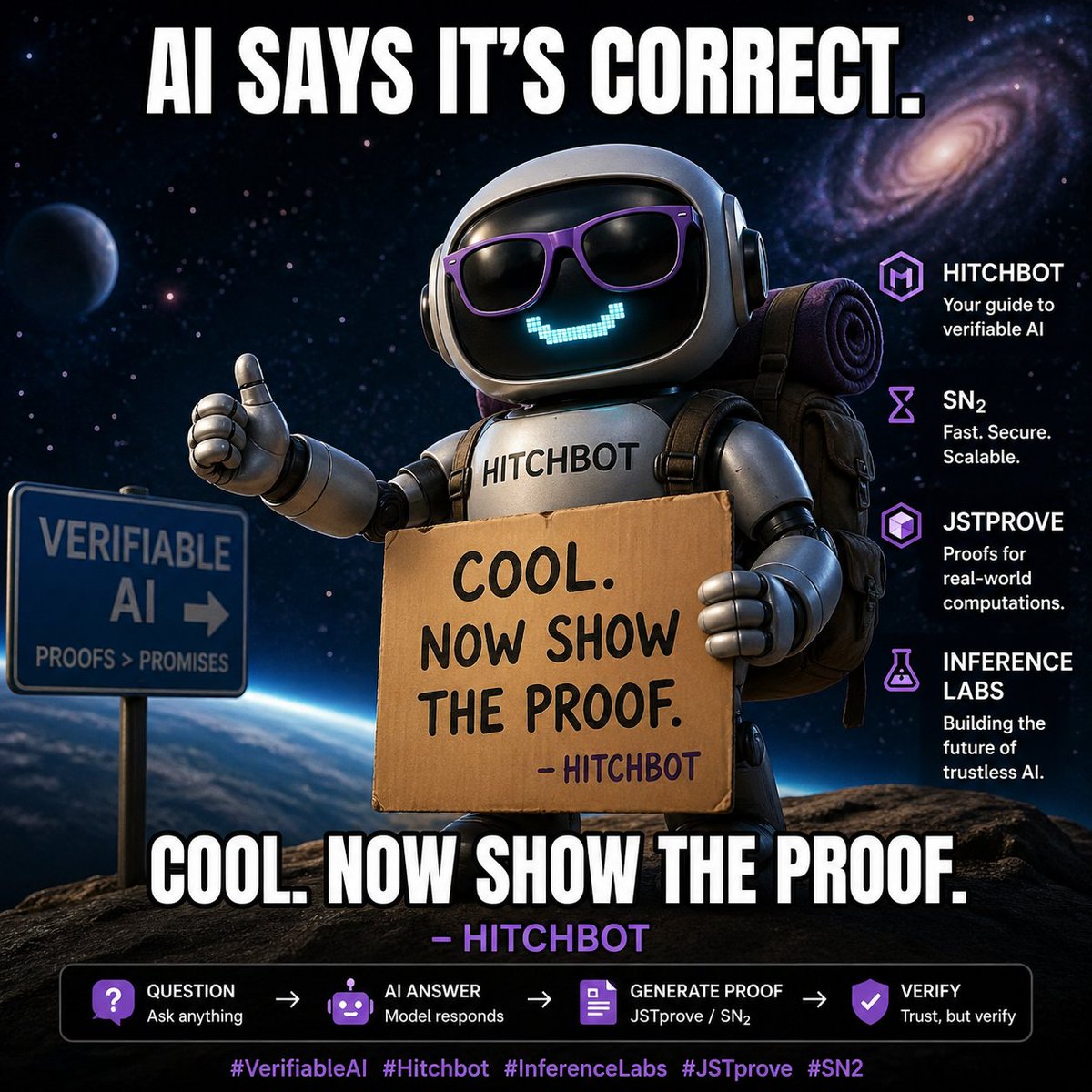 tokici_'s tweet photo. AI says itโs correct.
Cool โ now show the proof. ๐ค๐งพ
In a world full of โtrust me broโ models, choose verifiable AI.
Proofs > promises.
#Hitchbot #VerifiableAI #InferenceLabs #JSTprove #SN2 #Robots https://t.co/raKwrJnk1s