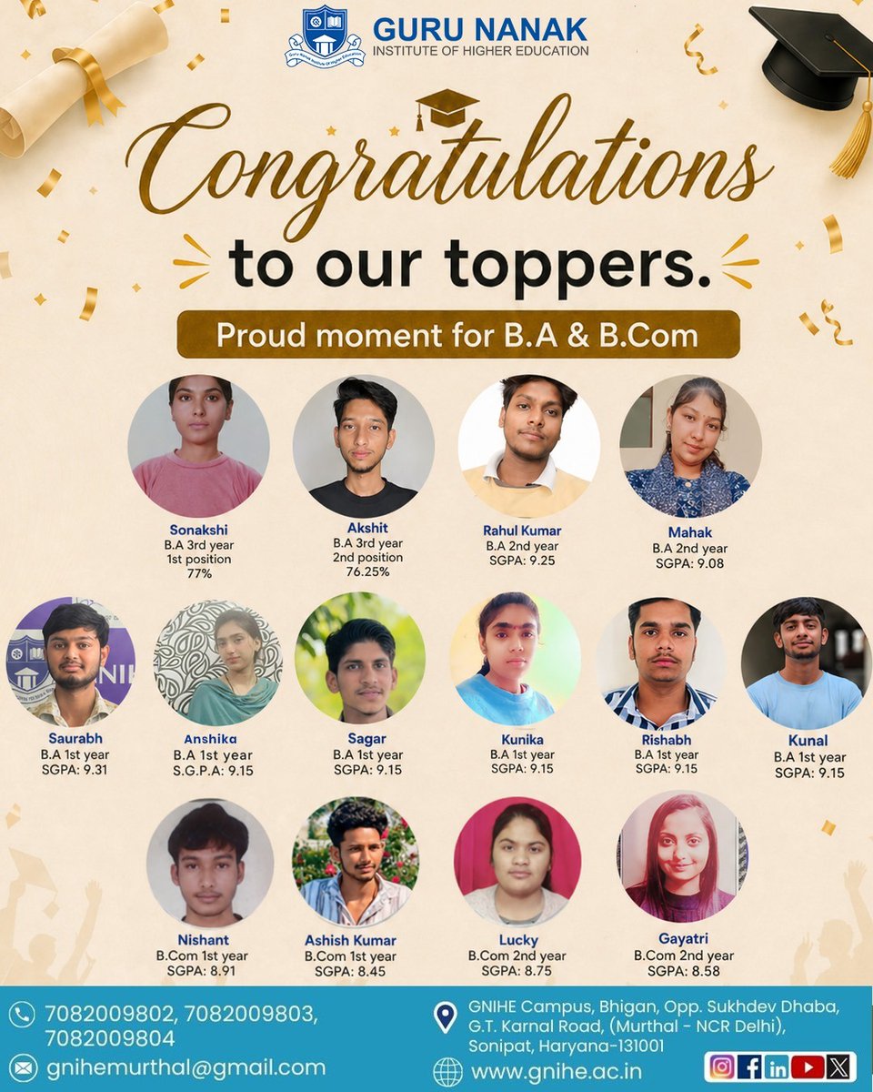 GniheOffical's tweet image. Celebrating excellence and hard work! 
Proud moment for Guru Nanak Institute of Higher Education as our B.A &amp;amp; B.Com toppers shine bright. Your dedication inspires us all—keep aiming higher! 
.
.
#GNInstitute #ProudMoment #Toppers #AcademicExcellence #BA #BCom