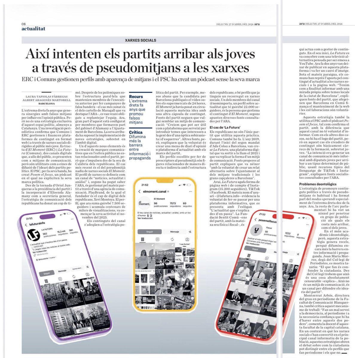 Aquesta informació del <a href="/diariARA/">diariARA</a> sobre els falsos mitjans digitals del PSC, ERC i els Comuns és molt interessant. Segur que el Col·legi de <a href="/periodistes_cat/">Col·legi de Periodistes de Catalunya</a> hi tindrà alguna cosa a dir.