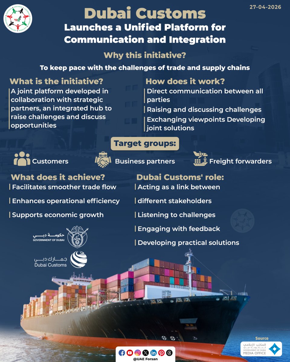 UAE_Forsan's tweet image. Dubai Customs Launches a Unified Platform for Communication and Integration
#UAE #Dubai #DubaiCustoms 
@DubaiCustoms 
@DXBMediaOffice