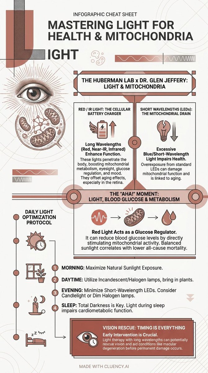 cluencyai's tweet image. .@hubermanlab explains how red light therapy can improve mitochondrial function, eyesight, and even blood glucose. Who knew wavelengths mattered so much? Made with @cluencyai

#redlighttherapy #mitochondria #health #biohacking