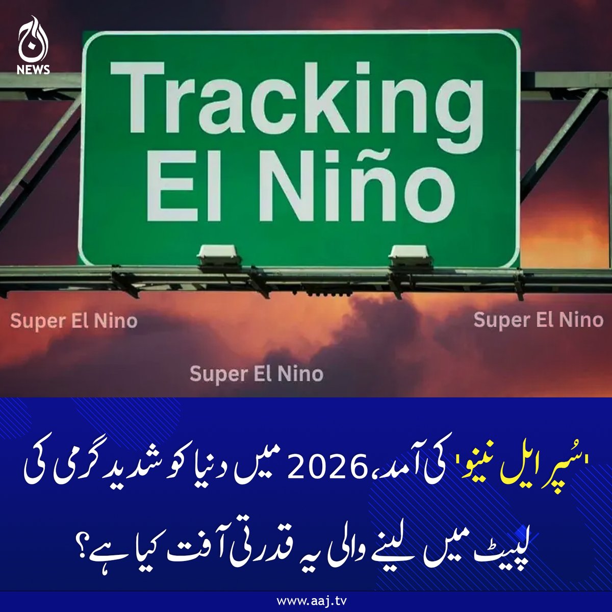 Aaj_Urdu's tweet image. 2026 کے وسط تک موسمی حالات 'ایل نینو' کی طرف بڑھ سکتے ہیں اور اگر 'سپر ایل نینو' ہوا تو اس کے اثرات پوری دنیا پر پڑیں گے۔

aaj.tv/news/30504028/…
#ClimateUpdate #SuperElNino #ElNino #ClimateChange #GlobalWarming #Heatwave2026 #ExtremeWeather #NaturalDisaster #AajNews