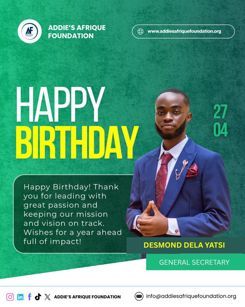 AddiesAfrique's tweet image. On behalf of the entire Addie’s Afrique Team, we wish our esteemed general secretary a very happy birthday and thank you for your dedicated service to our cause.
God bless you enormously🎊🙏❤️
#addiesafriquefoundation #happybirthday #ngo