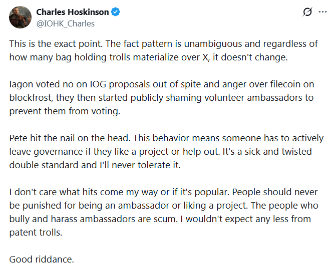 thecryptobasic's tweet image. #Cardano Founder Charles Hoskinson Cuts Ties With Iagon, Warns of Collapse Under Current Leadership as IAG Dips Over 30%.

The dispute began after Blockfrost integrated with Filecoin to introduce cloud storage capabilities to Cardano.

Iagon CEO Navjit Dhaliwal urged DReps to