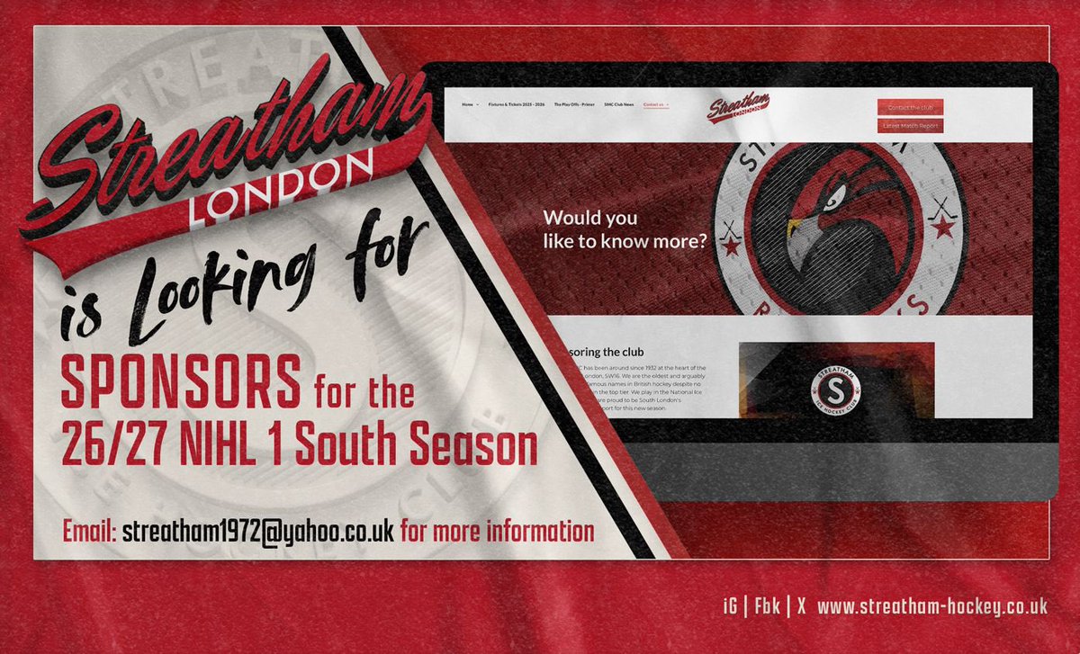 StreathamHockey's tweet photo. Streatham Ice Hockey Club is seeking club sponsors to support the 2026/27 season. Following a successful season with three championship trophies, we’re looking for individuals or businesses eager to contribute to future success.  As a sponsor, your business name will appear on our jerseys and be advertised on our social channels, which have over 16,000 followers!

If this interests you, please drop us a DM or email streatham1972@yahoo.co.uk for more information.

#StreathamRedhawks #clubsponsors #icehockey