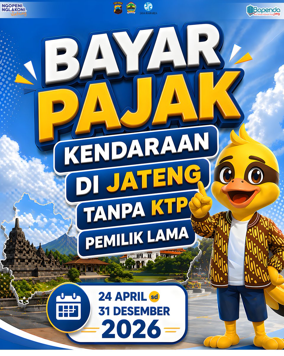 UPPD_JEPARA's tweet photo. Kabar baik buat kamu warga Jawa Tengah!

Cukup penuhi syarat berikut :
✅ Menandatangani surat pernyataan kepemilikan
✅ Melampirkan salinan identitas pemilik baru (KTP/KITAS/KITAP)
✅ Melampirkan STNK asli
📅 Mulai 24 April – 31 Desember 2026 https://t.co/mtY0GNnLOj