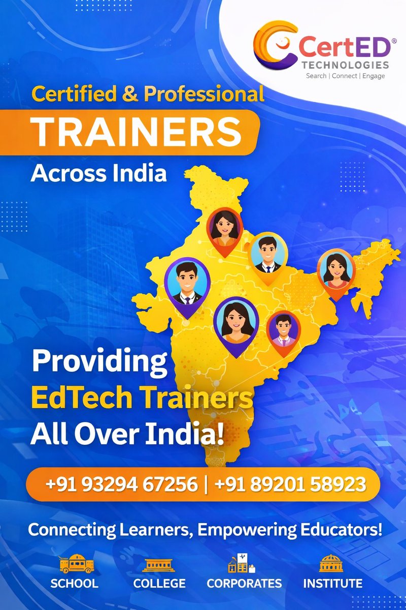 sharma93pravee1's tweet image. Need professional EdTech trainers across India?

CertED Technologies provides certified trainers for colleges, corporations, and institutes.
Contact Us Or Visit Our website
📞 +91 93294 67256 | +91 89201 58923
#EdTech #Trainer #CorporateTraining #India #CertEDTechnologies